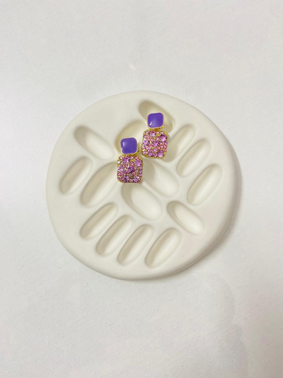 Purple & Pink Crystal Stud Earrings Glamorous Party Style