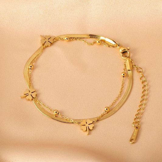 Golden Four Leaf Double Layer Bracelet