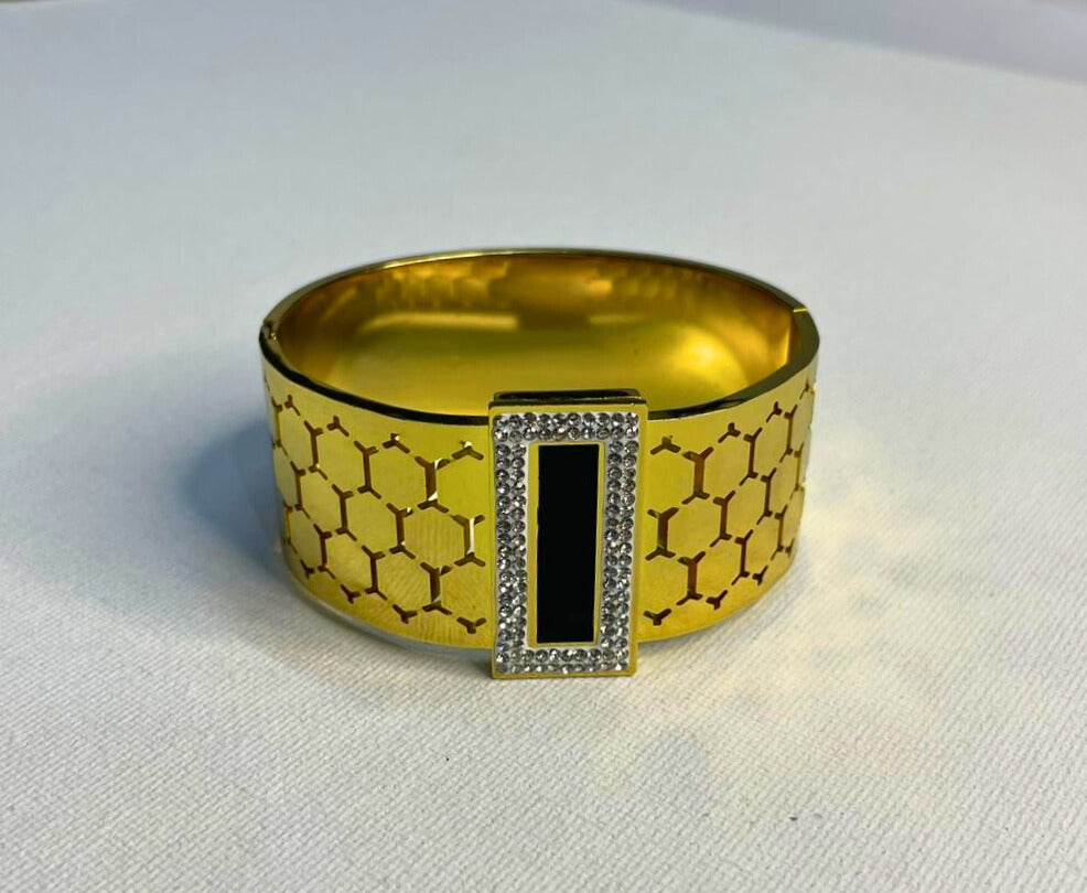 Regal Black Enamel & Gold Geometric Cuff Bracelet with Crystal Frame
