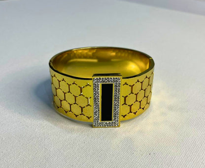 Regal Black Enamel & Gold Geometric Cuff Bracelet with Crystal Frame