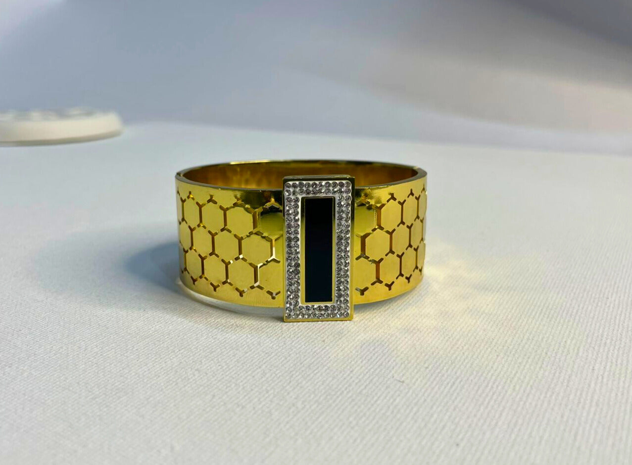 Regal Black Enamel & Gold Geometric Cuff Bracelet with Crystal Frame