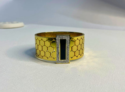 Regal Black Enamel & Gold Geometric Cuff Bracelet with Crystal Frame