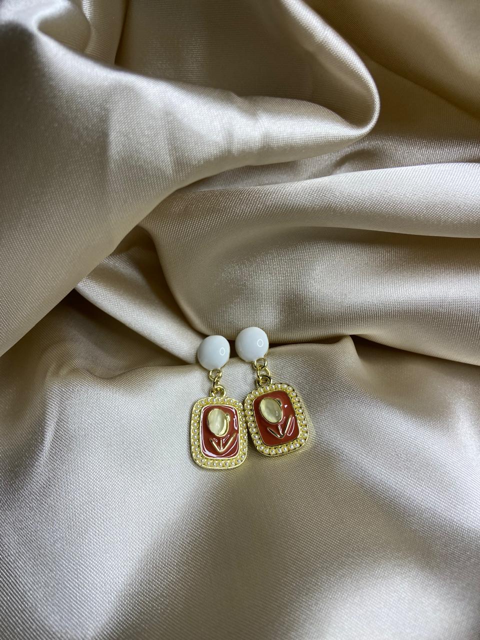 Elegant Pearl & Enamel Floral Drop Earrings Gold Tone Border