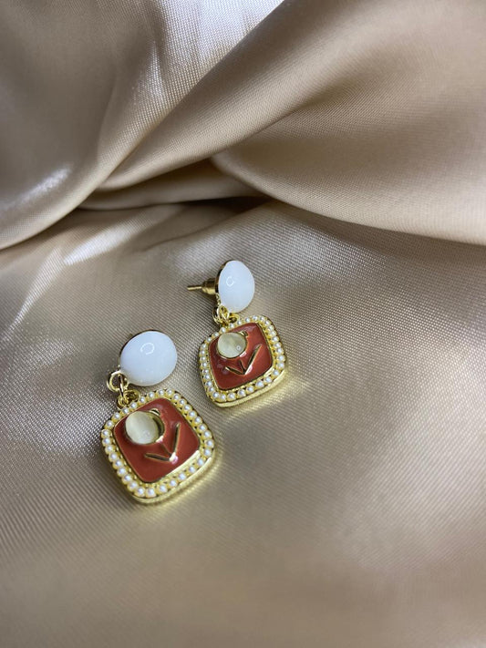 Elegant Pearl & Enamel Floral Drop Earrings Gold Tone Border