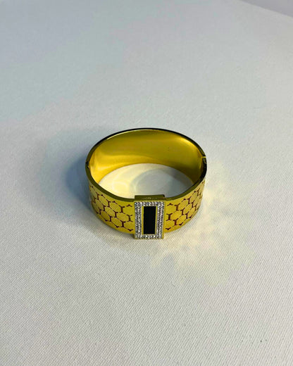 Regal Black Enamel & Gold Geometric Cuff Bracelet with Crystal Frame