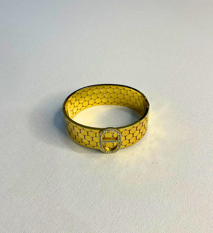 Golden Honeycomb Cuff Bracelet with Dazzling Oval Crystal Buckle