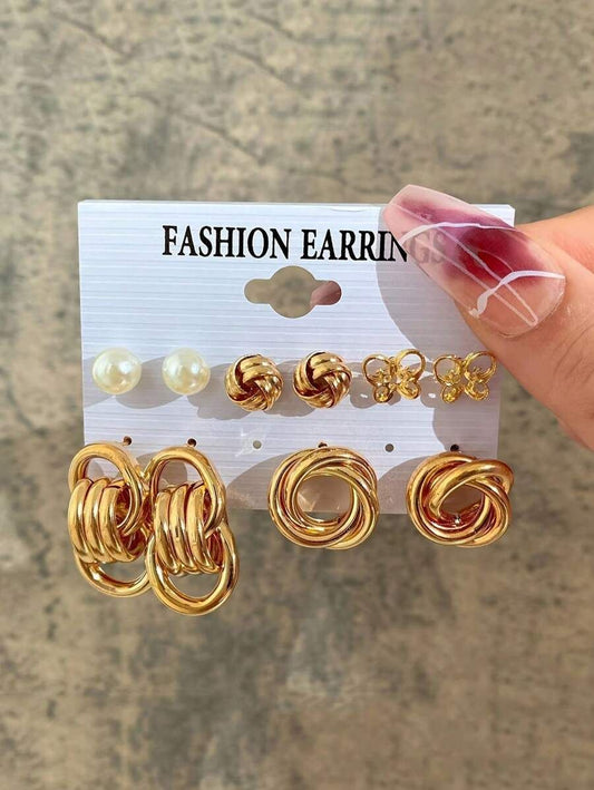6-in-1 Elegant Gold & Pearl Earring Combo Set